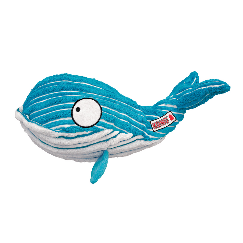 Blue and white stripy fabric Whale Dog Toy with white stripy underside, pictured on a white background. 