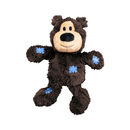 White background with a KONG dark brown plush teddy bear dog toy with blue patchwork patches. 