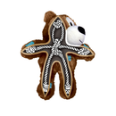 White background with a KONG dark brown plush teddy bear dog toy with blue patchwork patches, with a illustrated overlay of a rope skeleton, demonstrating the inside.  