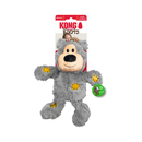 White background with a KONG grey plush teddy bear dog toy with yellow patchwork patches attached to a cardboard backing.