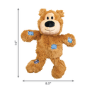 White background with a KONG dark brown plush teddy bear dog toy with blue patchwork patches. Measurements are pictured underneath and to the left, indicating height of 10" and width of 8.5"