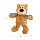 White background with a KONG dark brown plush teddy bear dog toy with blue patchwork patches. Measurements are pictured underneath and to the left, indicating height of 7" and width of 6".