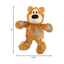 White background with a KONG dark brown plush teddy bear dog toy with blue patchwork patches. Measurements are pictured underneath and to the left, indicating height of 12" and width of 9.75"