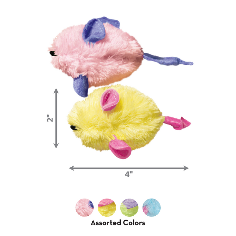 One fluffy yellow mouse cat toy with a black nose with pink ears, tail and feet and one fluffy pink mouse cat you with a black nose with purple ears, tail and feet. Pictured next to measurements of 2" to the left and 4" at the bottom. Beneath is four circles showing the different colours available, other colours available are green with purple and blue with pink. 