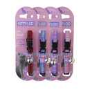 White background with four Tartan cat collars backed on lilac cardboard with text 'Kitty & Co, Cat Collar, Snag free for your cat's safety' The sets are in red, blue, purple and pink tartan. 
