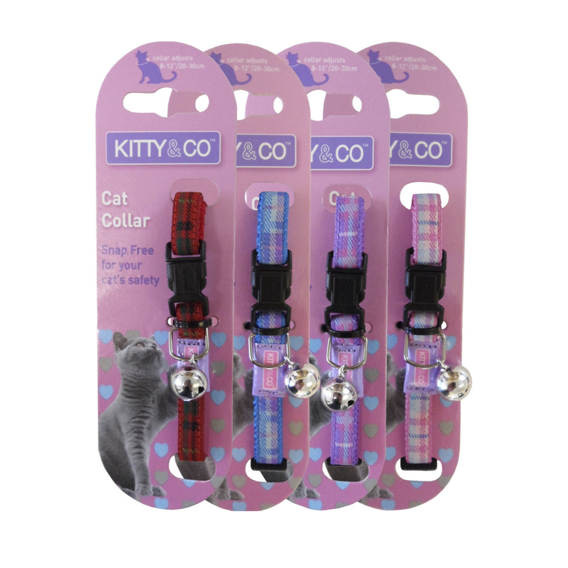 White background with four Tartan cat collars backed on lilac cardboard with text 'Kitty & Co, Cat Collar, Snag free for your cat's safety' The sets are in red, blue, purple and pink tartan. 