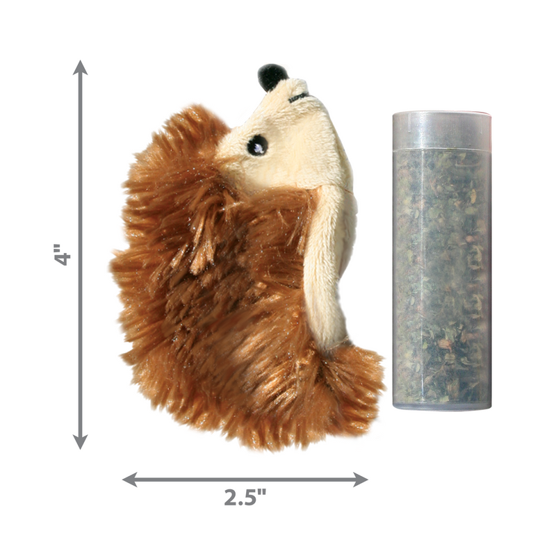 Faux fur hedgehog cat toy with black eyes and nose with brown faux fur as spines and a cream belly. Pictured next to a catnip vial. Measurements displayed to the left 4" and underneath 2.5". Pictured on a white background.