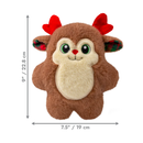 Front view of a brown faux fur reindeer dog toy with red fabric antlers and tartan inner ear white background with measurements to the left and below indicating height 9" and width 7.5".  