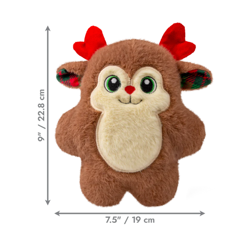 Front view of a brown faux fur reindeer dog toy with red fabric antlers and tartan inner ear white background with measurements to the left and below indicating height 9" and width 7.5".  