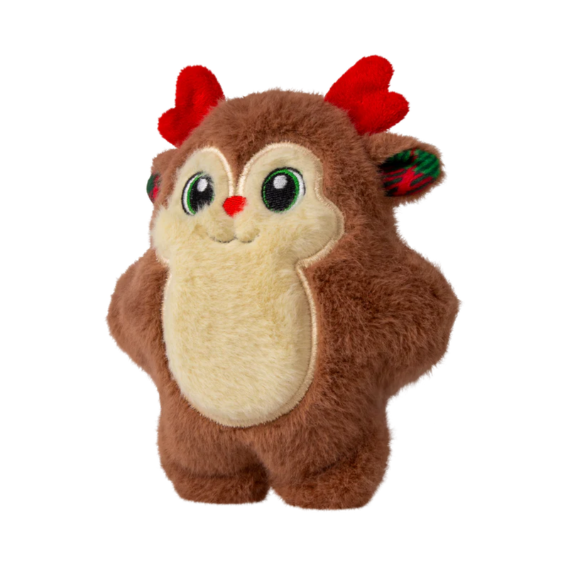 Side view of a brown faux fur reindeer dog toy with red fabric antlers and tartan inner ear. 