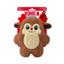 Brown faux fur reindeer dog toy with red fabric antlers and tartan inner ear. Packaged on a backing card with a woman holding a brown dog on with text 'KONG Snuzzles' pictured on a white background.