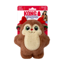 Brown faux fur reindeer dog toy with red fabric antlers and tartan inner ear. Packaged on a backing card with a woman holding a brown dog on with text 'KONG Snuzzles' pictured on a white background.