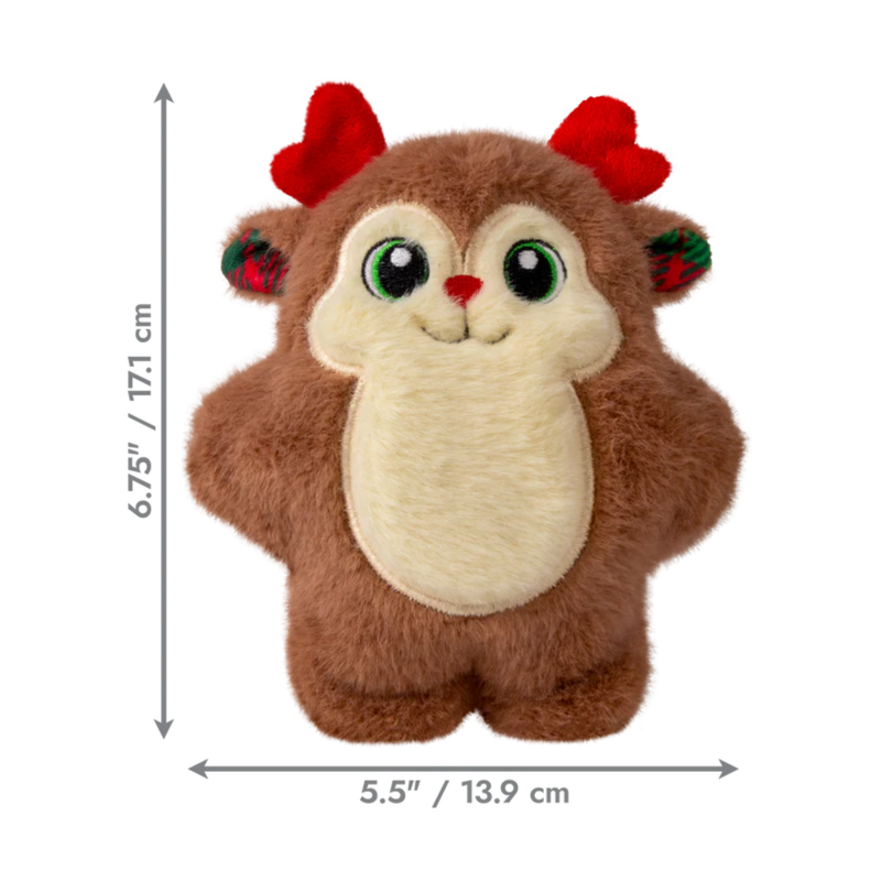 Front view of a brown faux fur reindeer dog toy with red fabric antlers and tartan inner ear white background with measurements to the left and below indicating height 6.75" and width 5.5".  