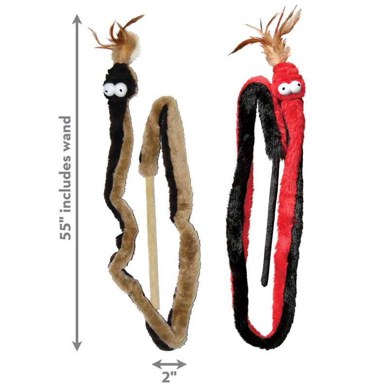 Two snake cat toys side by side, one red/black and one brown/black attached to separate rods, with feathers attached to mouth and cartoon style fabric eyes. Pictured with measurements 55" on the left and 2" underneath. Pictured on a white background.