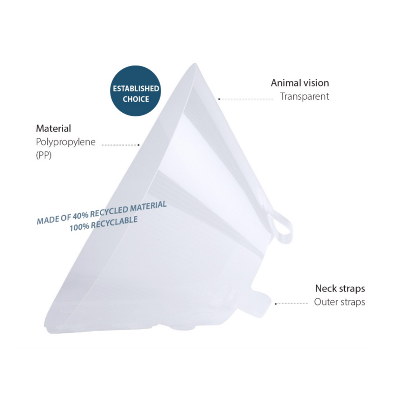 White background with a transparent plastic Elizabethan style recovery collar with details of features around it. 