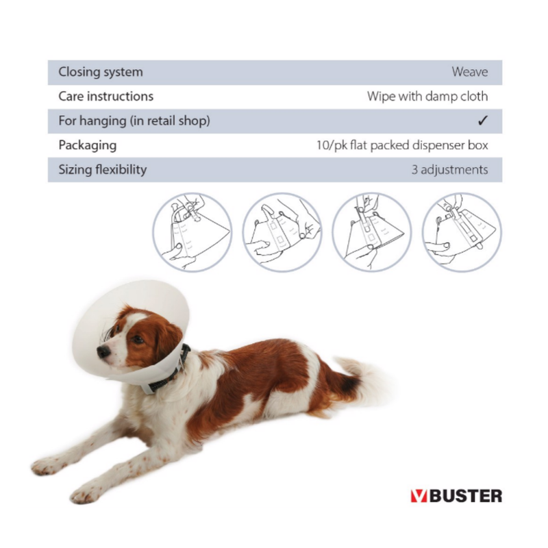 White background with a opaque plastic Elizabethan style recovery collar with a guide about how to care for the recovery collar. With a dog wearing a recovery collar below. 