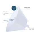 White background with a Opaque plastic Elizabethan style recovery collar with details of features around it. 