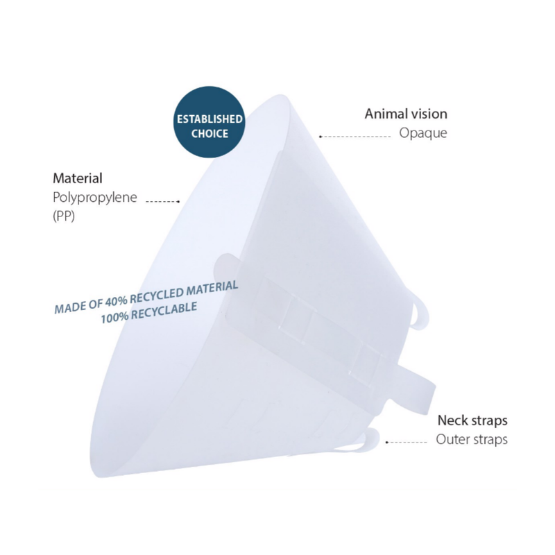 White background with a Opaque plastic Elizabethan style recovery collar with details of features around it. 