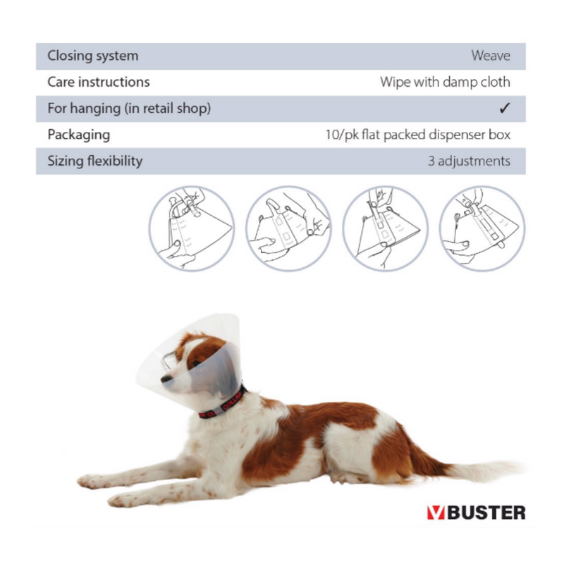 White background with a transparent plastic Elizabethan style recovery collar with a guide about how to care for the recovery collar. With a dog wearing a recovery collar below. 