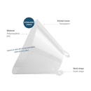 White background with a transparent plastic Elizabethan style recovery collar with details of features around it. 