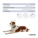 White background with a transparent plastic Elizabethan style recovery collar with a guide about how to care for the recovery collar. With a dog wearing a recovery collar below. 