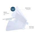 White background with a transparent plastic Elizabethan style recovery collar with details of features around it. 