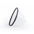 White background with an Elizabethan style transparent plastic recovery collar with a black rim. 