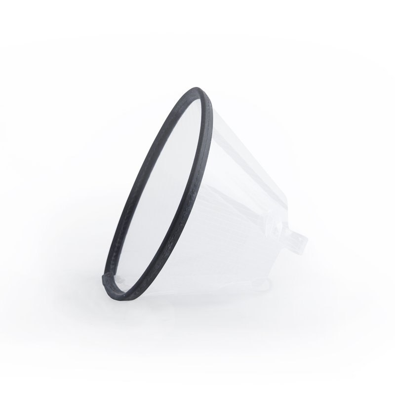 White background with an Elizabethan style transparent plastic recovery collar with a black rim. 