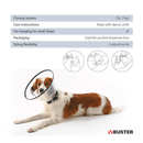White background with a transparent plastic Elizabethan style recovery collar with a guide about how to care for the recovery collar. With a dog wearing a recovery collar below. 