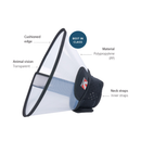 White background with a transparent plastic Elizabethan style recovery collar with a black base and details of features around it. 