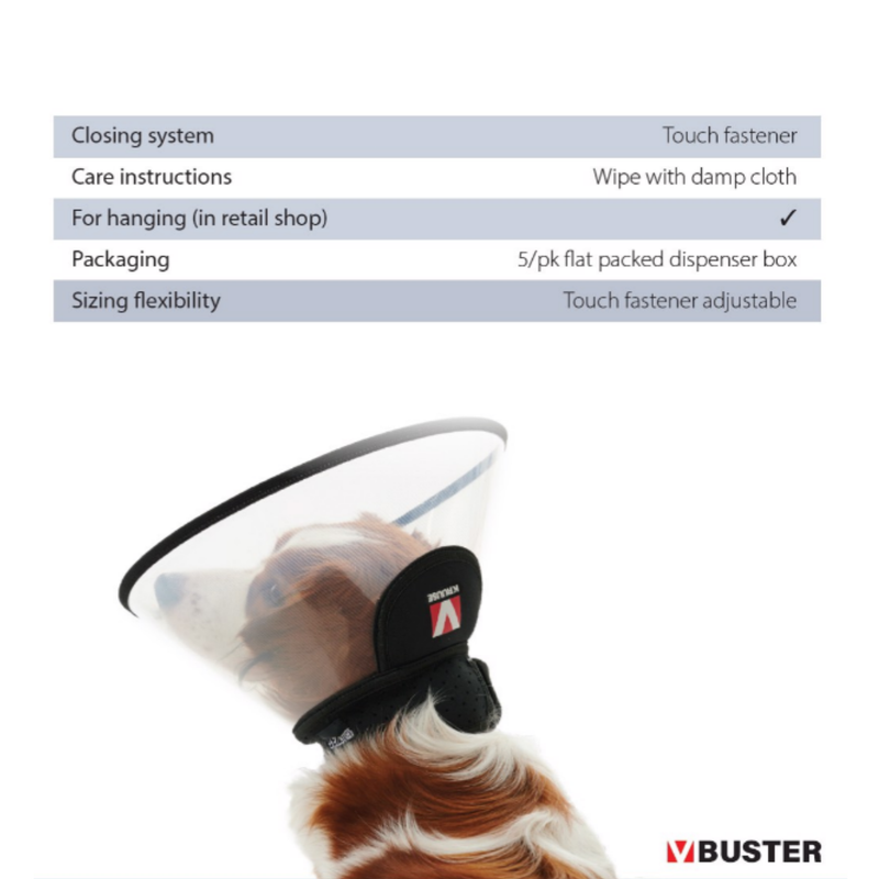 White background with a transparent plastic Elizabethan style recovery collar with a guide about how to care for the recovery collar. 
