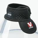 White background with a close up of a transparent plastic Elizabethan style recovery collar, with a black fabric collar base. 