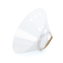 White background with an Elizabethan style transparent plastic recovery collar with a beige fabric trim at the base. 