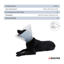 White background with a transparent plastic Elizabethan style recovery collar with a guide about how to care for the recovery collar. With a dog wearing a recovery collar below. 