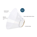 White background with a transparent plastic Elizabethan style recovery collar with details of features around it. 