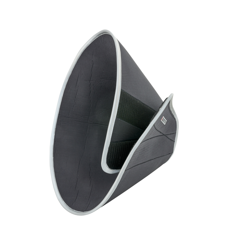 White background with a black Elizabethan style foam recovery collar with a grey rubber trim. 