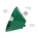 White background with a green plastic Elizabethan style recovery collar with details of features around it. 