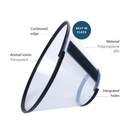 White background with a transparent plastic Elizabethan style recovery collar with details of features around it. 