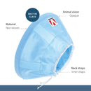 White background with a blue Elizabethan style flexible fabric recovery collar with details of features around it. 