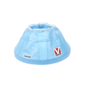 White background with a blue Elizabethan style flexible fabric recovery collar facing downward.  