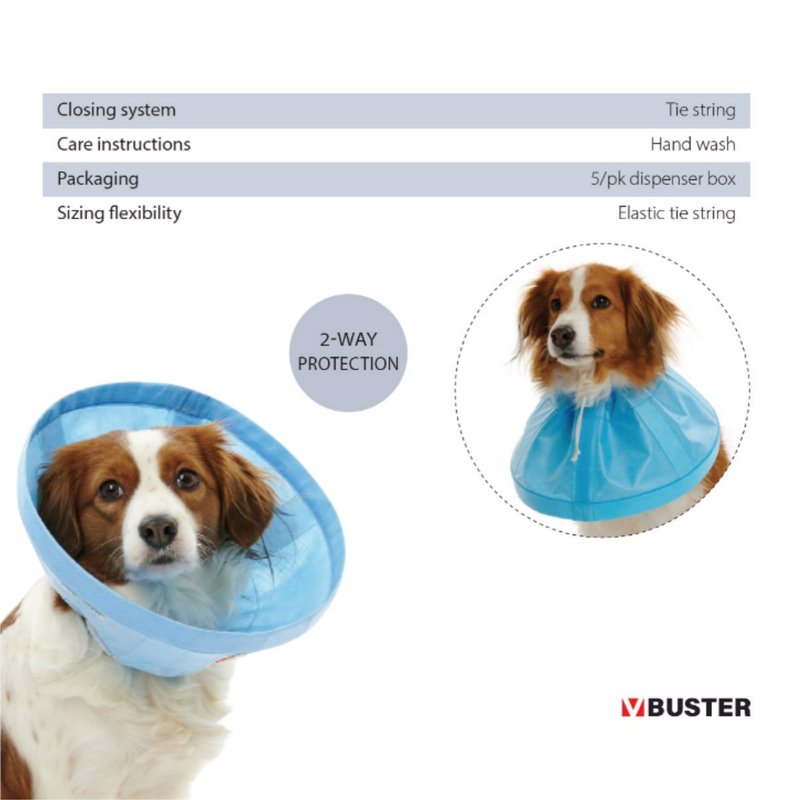 White background with a blue Elizabethan style flexible fabric recovery collar with a guide about how to care for the recovery collar. 