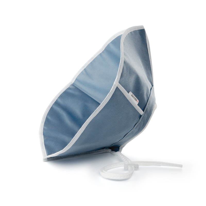 White background with a black Elizabethan soft blue recovery collar with a white trim. 