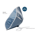 White background with a blue Elizabethan style soft recovery collar with text pointing out the various features. 