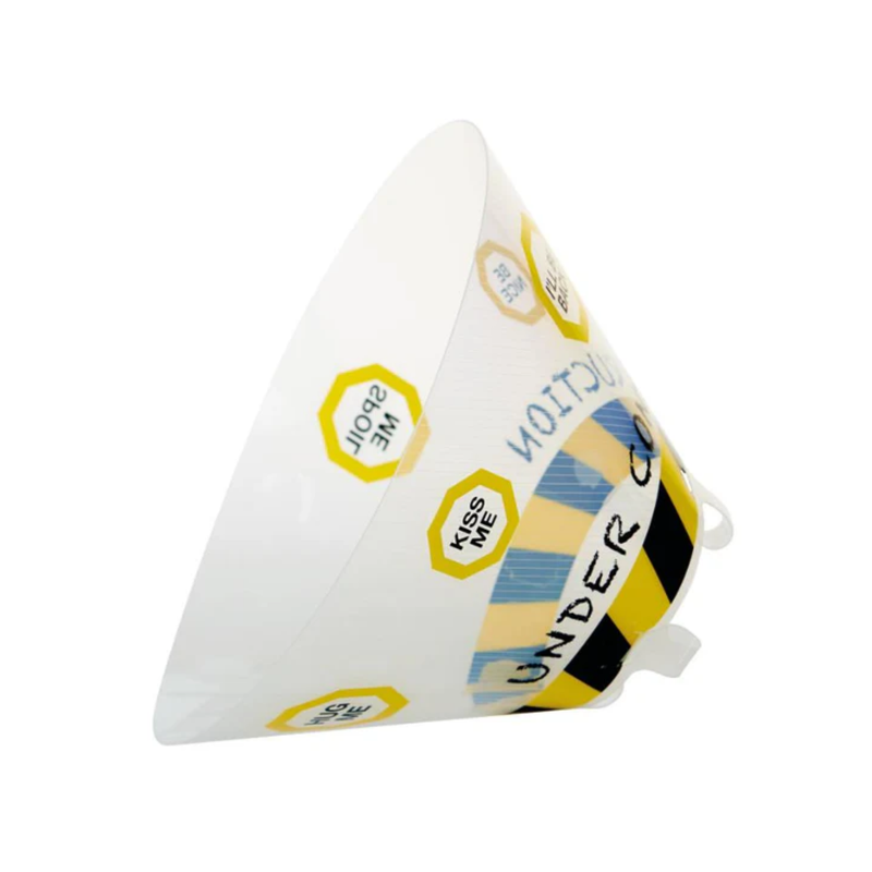 White background with an Elizabethan style plastic recovery collar with under construction and hazard tape printed around the base, with yellow signs with different messages in. 
