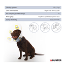 White background with a Chocolate Labrador dog wearing a Elizabethan style plastic recovery collar, with a guide about how to fit the recovery collar. 