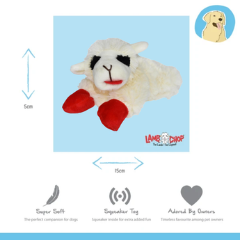 A Small Happy Pet Lamb Chop plush sheep dog toy with red feet on a blue background, featuring the Lamb Chop brand. With measurements surrounding.