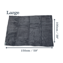 Grey microfibre pet cleaning towel laid out with measurements on either side indicting width 150cm, height 100cm. Above is the title 'Large' on a white background.