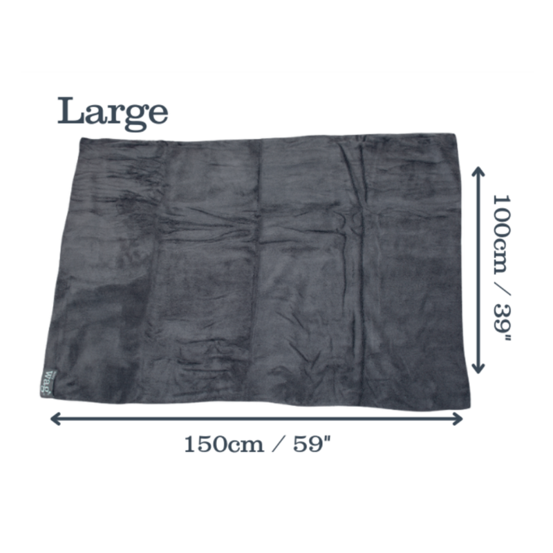 Grey microfibre pet cleaning towel laid out with measurements on either side indicting width 150cm, height 100cm. Above is the title 'Large' on a white background.