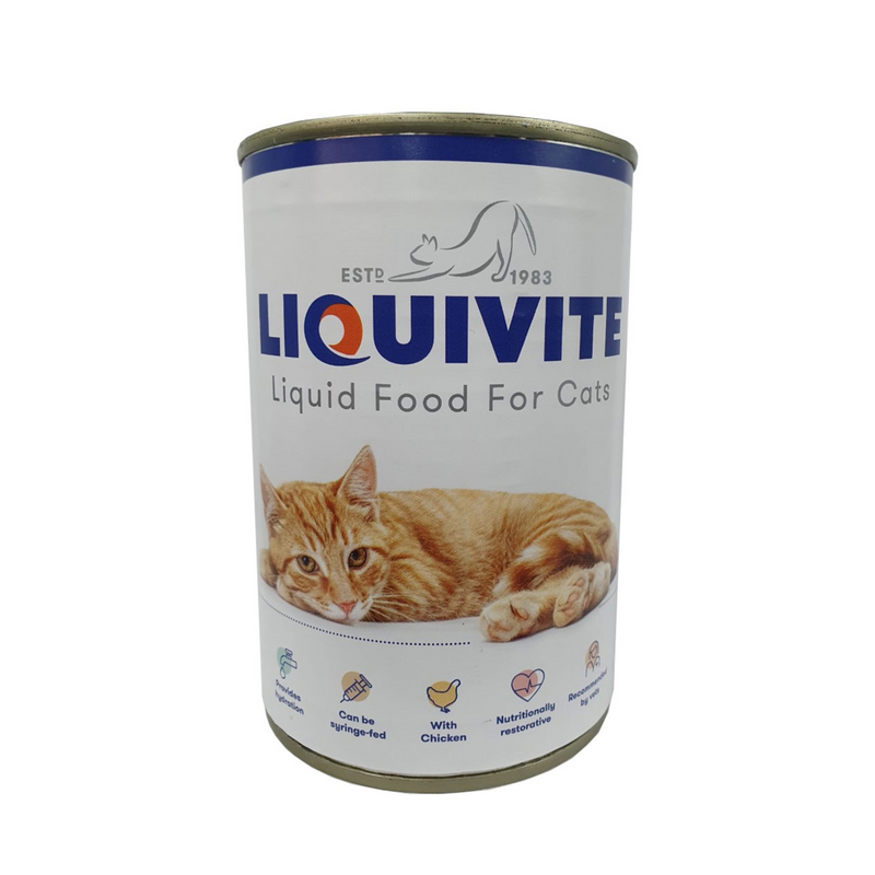 White background with a 400g can of Liquivite Liquid Feed for Cats pictured, on the tin is a picture of a ginger tabby cat. 