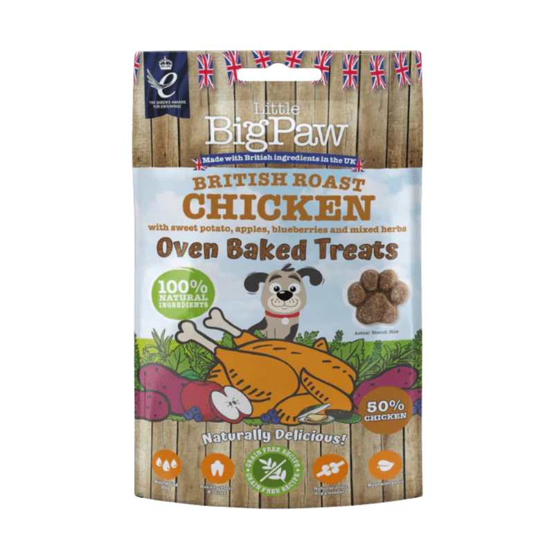 White background with a packet of Little BigPaw 'British Roast Chicken with sweet potato, apples, blueberries and mixed herbs' dog treats. Pictured on the packet is an illustration of a grey dog with a cooked chicken, fruit and vegetables in the foreground. Text on the bag says 'Oven Baked Treats, 100% natural ingredients, Naturally delicious! 50% chicken'. 